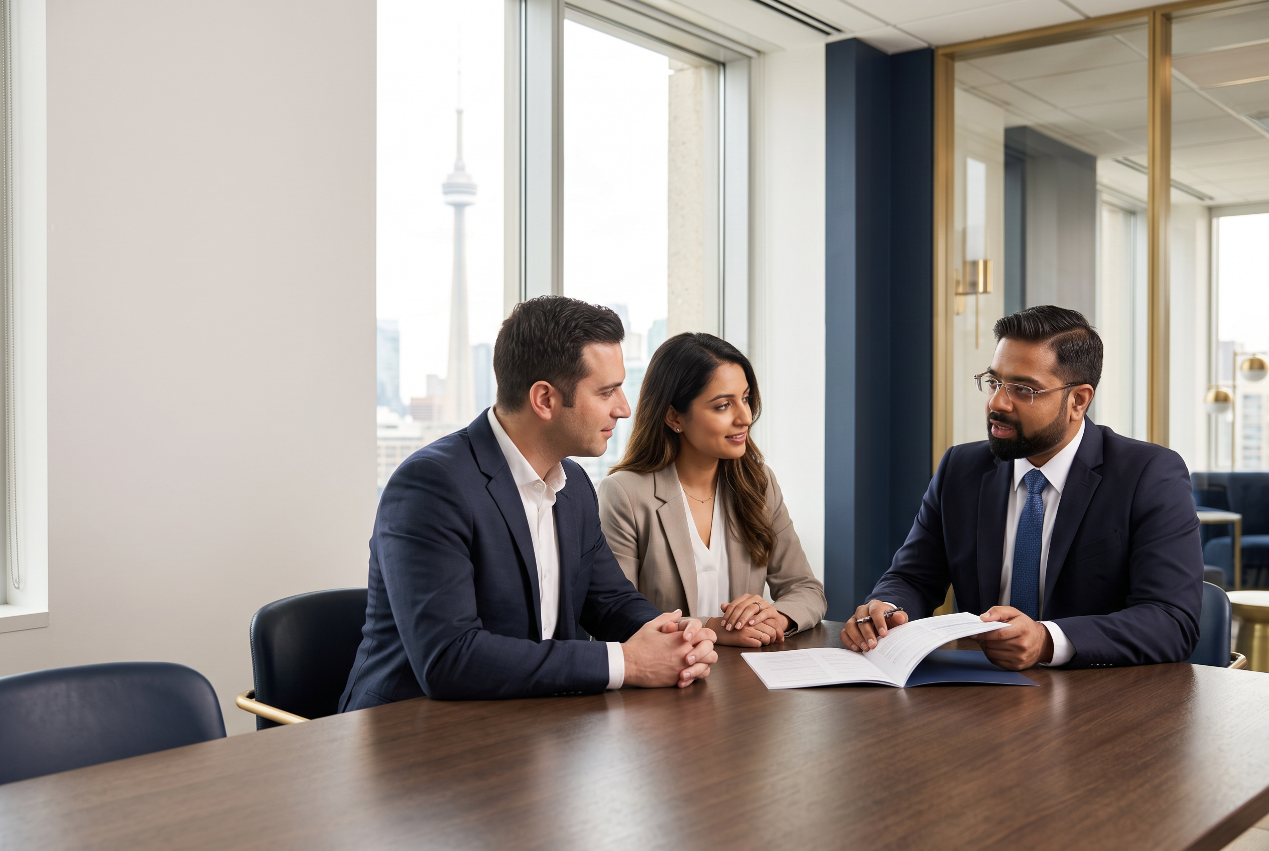 Saurabh Kumar discussing a financial plan with a professional couple in a Toronto office